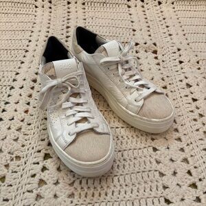 P448 Women's White Platform Sneakers with Beige Calf Hair Toe/Tongue EU 38 US 8